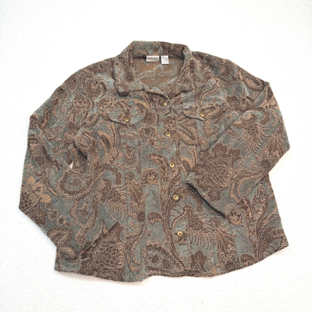 VTG Chicos Size 3 Paisley Jacquard Tapestry Button Front Jacket Brown Teal Large